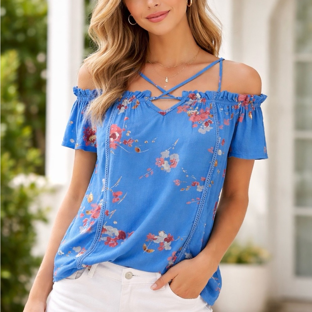 Xhilaration Blouse Size XS Blue Floral Ruffles Coastal Grandma Cottagecore Boho
